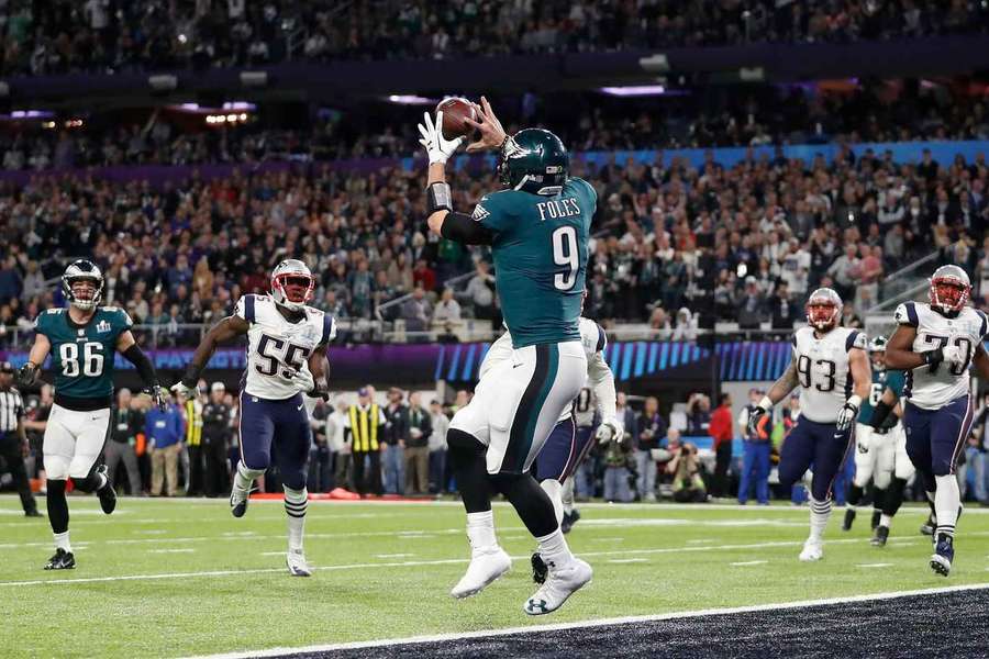 Philadelphia Eagles quarterback Nick Foles catches a touchdown pass from Trey Burton during Super Bowl LI against the New England Patriots