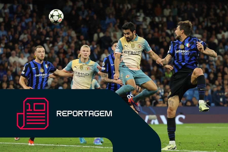 Ilkay Gundogan, do Manchester City, cabeceia à baliza no empate 0-0 com o Inter