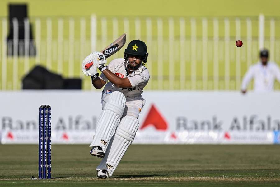 Pakistan Saim Ayub plays a shot on the first day