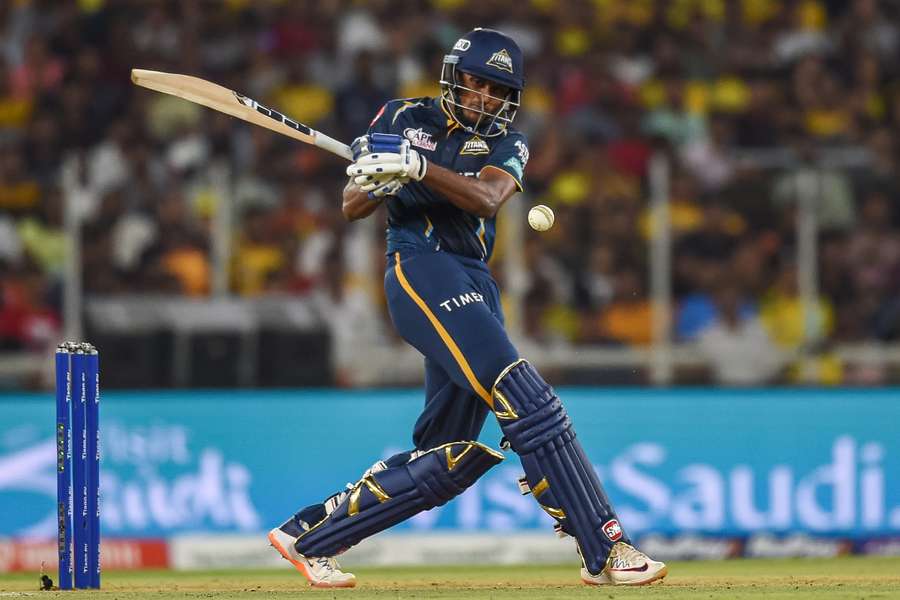 Gujarat Titans' Sai Sudharsan plays a shot against Chennai Super Kings at the Narendra Modi Stadium in Ahmedabad