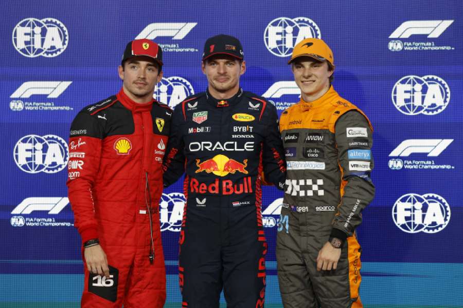 Leclerc (L), Verstappen (M) and Piastri (R) celebrate qualifying in the top three