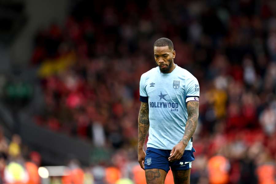 Brentford's English striker Ivan Toney reacts after losing at the end of the English Premier League football match between Liverpool and Brentford