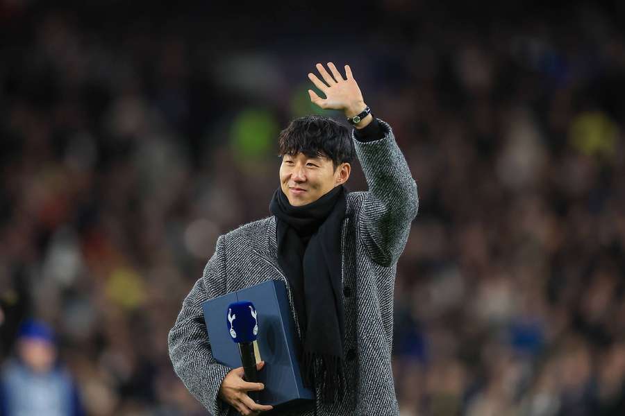 Son Heung-min acknowledges the Tottenham fans before the Champions League match against Slavia Prague