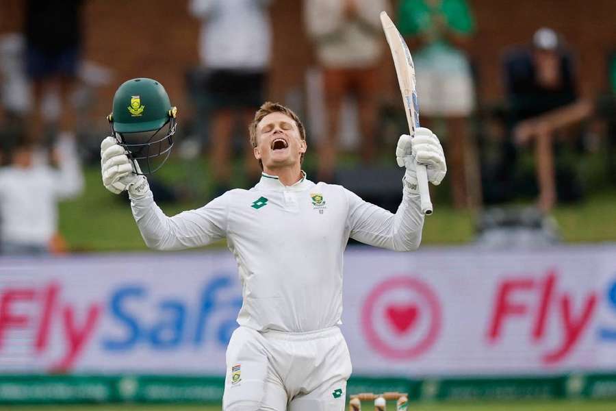 South Africa's Ryan Rickelton celebrates after scoring a century during the first day of the second Test between South Africa and Sri Lanka