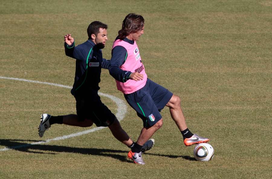 Rossi presses Andrea Pirlo during Italy's pre-2010 World Cup training camp