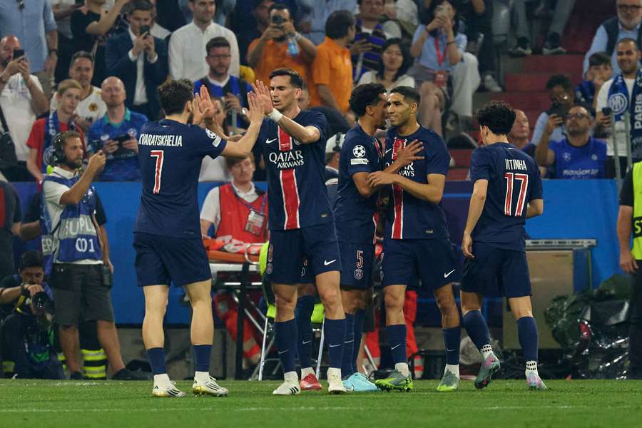 Les joueurs du Paris Saint-Germain célèbrent le but du 2-0 lors de la finale de la Ligue des champions 2025 contre l’Inter Milan, le 31 mai 2025 à Munich.