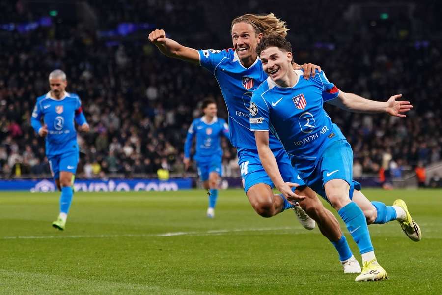 Atletico Madrid's Julian Alvarez celebrates scoring against Tottenham