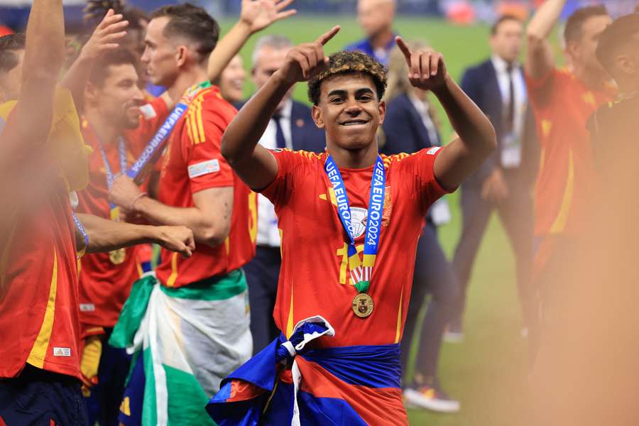 Lamine Yamal celebrates after Spain beat England to win Euro 2024 Lamine Yamal celebrates after Spain beat England to win Euro 2024