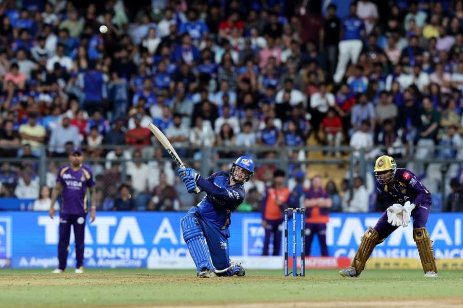 Mumbai Indians' Ryan Rickelton in action against Kolkata Knight Riders