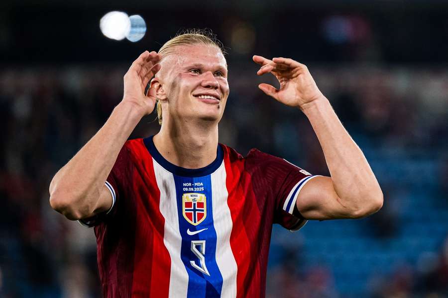 Erling Haaland celebrates after Norway beat Moldova