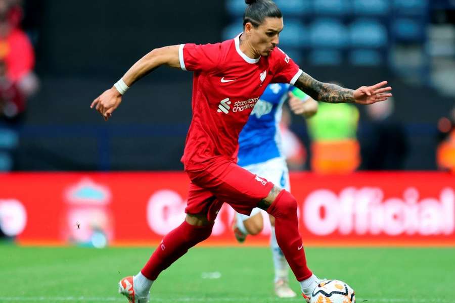 Liverpool's Darwin Nunez celebrates after scoring the opening goal against Aston Villa