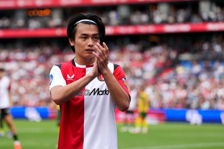 Ayase Ueda thanks the fans after Feyenoord's 2-2 draw against ADO Den Haag Ayase Ueda thanks the fans after Feyenoord's 2-2 draw against ADO Den Haag