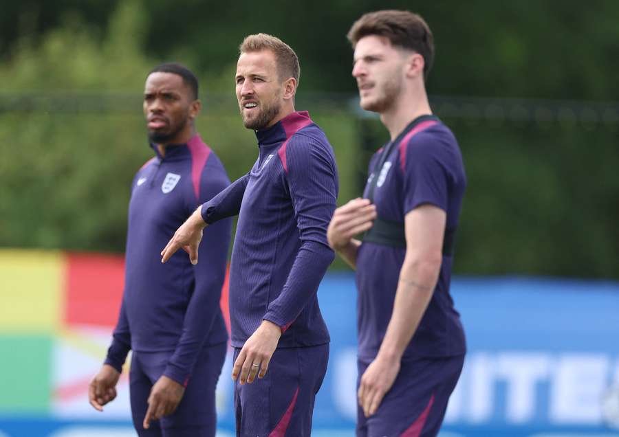 Ivan Toney, Harry Kane and Declan Rice of England during a training session