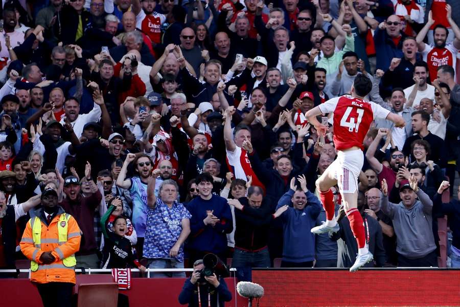 Rice celebrates his goal
