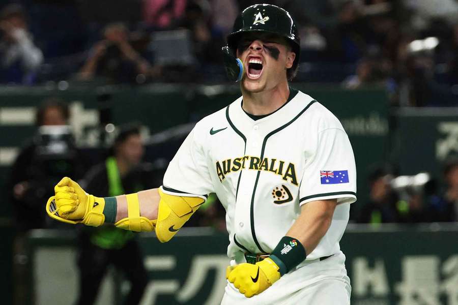Australia's Travis Bazzana celebrates his home run against Chinese Taipei