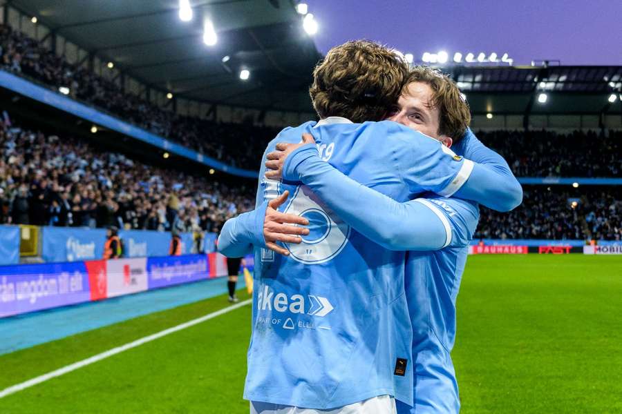 Malmo's Oliver Berg and Johan Karlsson celebrating victory in the Svenska Cupen Semi-Finals