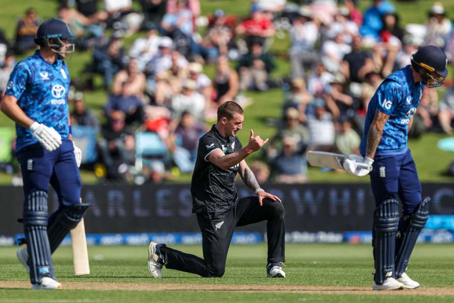 New Zealand's Blair Tickner celebrates a wicket New Zealand's Blair Tickner celebrates a wicket