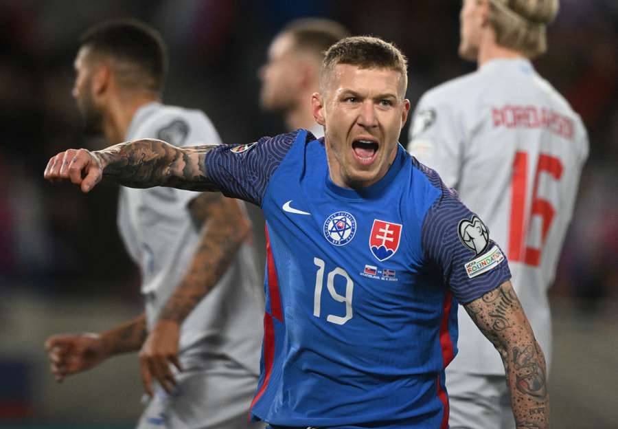 Juraj Kucka celebrates scoring against Iceland