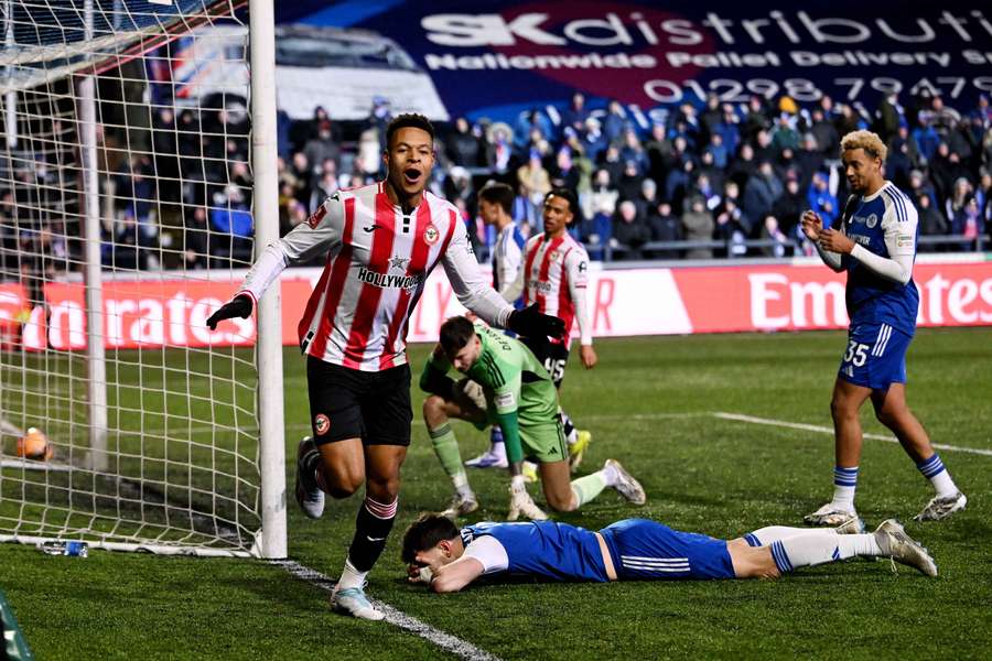 Brentford's Kaye Furo celebrates after Macclesfield Town's Sam Heathcote scores an own goal 