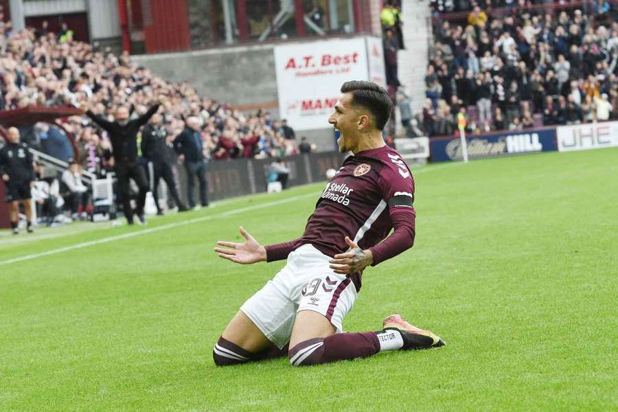 Lawrence Shankland celebrates giving Hearts a 2-0 lead over Falkirk