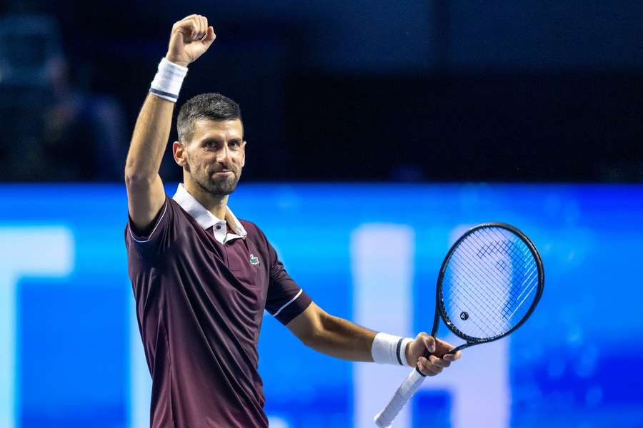 Novak Djokovic celebrates after defeating Ugo Humbert in the second round of the Swiss Indoors in Basel Novak Djokovic celebrates after defeating Ugo Humbert in the second round of the Swiss Indoors in Basel