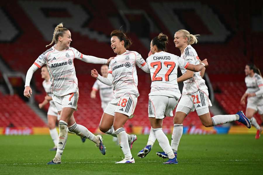 Bayern Munich celebrate one of their goals in their Women's Champions League win over Manchester United.