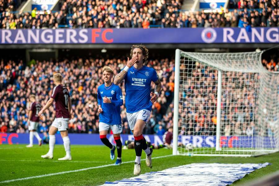 Fabio Silva of Rangers celebrates his goal against Hearts