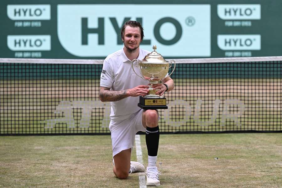 Alexander Bublik of Kazakhstan celebrates winning the final in Halle