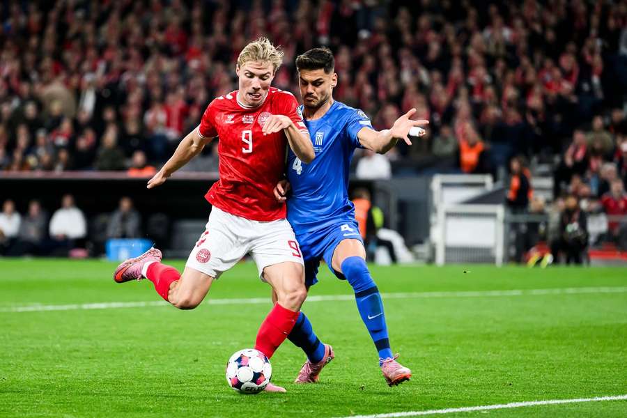 Rasmus Hojlund in action against Greece