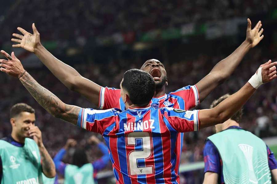 Jean-Philippe Mateta of Crystal Palace celebrates scoring in the Conference League final