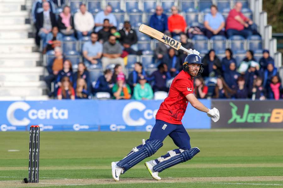 Phil Salt plays a shot during the first T20I against Ireland in Dublin. 