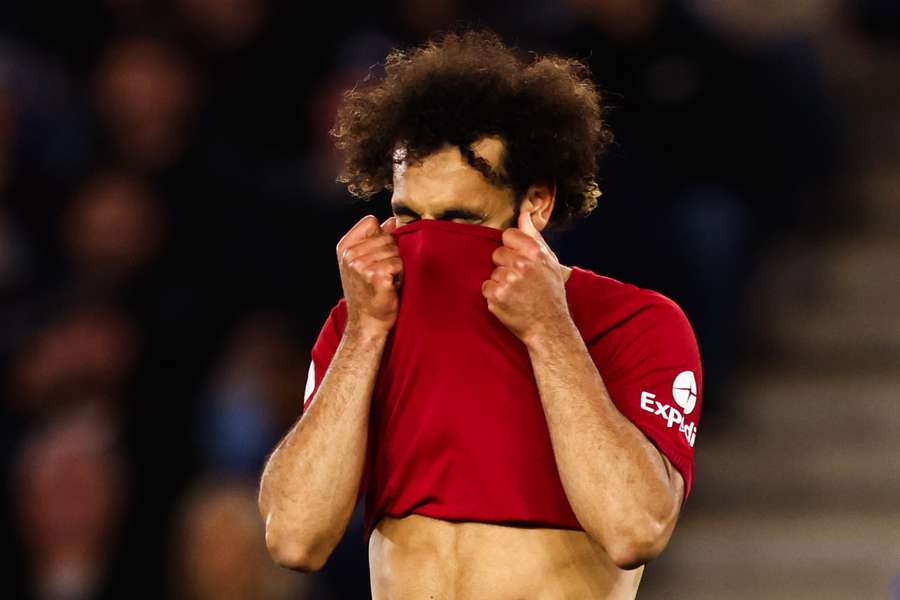 Mohamed Salah reacts after missing a shot against Leicester earlier this month
