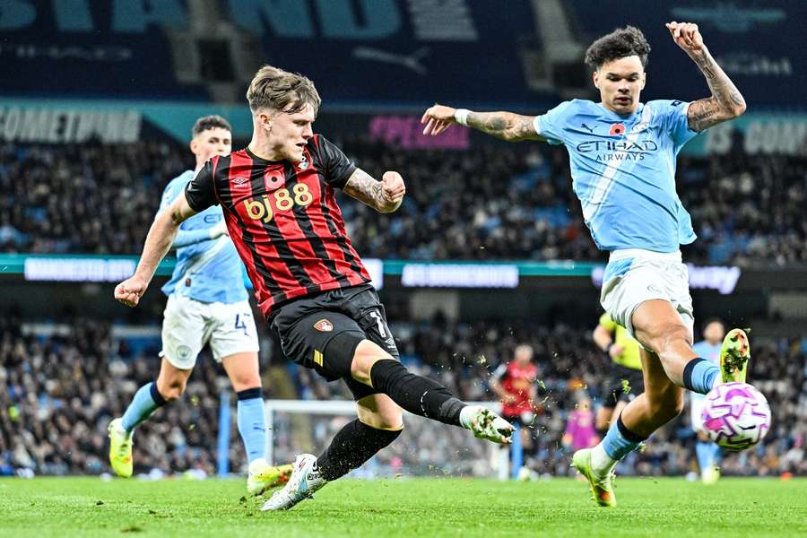 Bournemouth's Ben Doak knocks the ball past Man City's Nico O'Reilly
