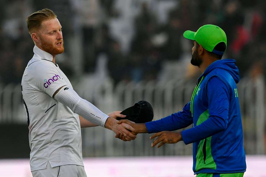 England skipper Ben Stokes (left) shakes hands with his Pakistan counterpart Babar Azam at the end of the first Test