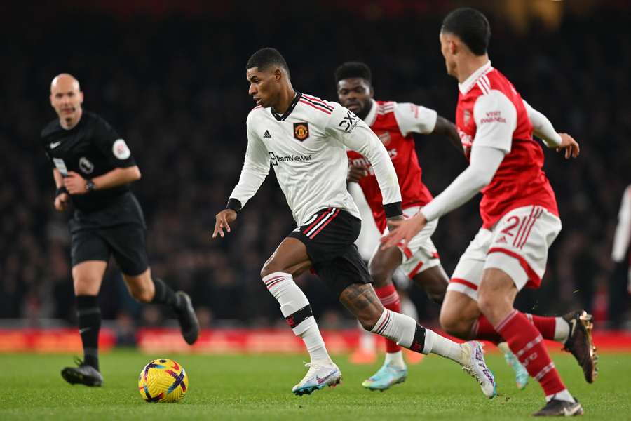 Marcus Rashford runs with the ball during the English Premier League football match between Arsenal and Manchester United