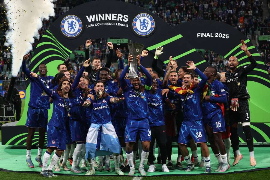 Chelsea lift the UEFA Conference League trophy after beating Real Betis 4-1 in the final
