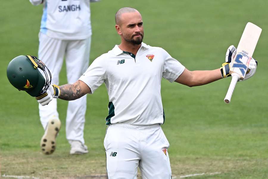 Jake Weatherald celebrates a Sheffield Shield century scored against NSW. Jake Weatherald celebrates a Sheffield Shield century scored against NSW.