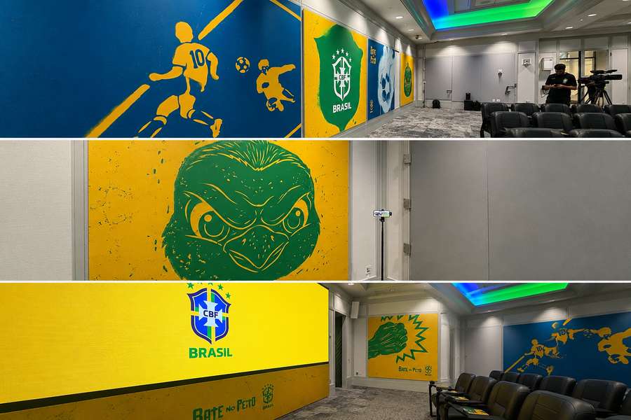 Detalhes da sala de conferências destinada à imprensa no hotel da Seleção Brasileira