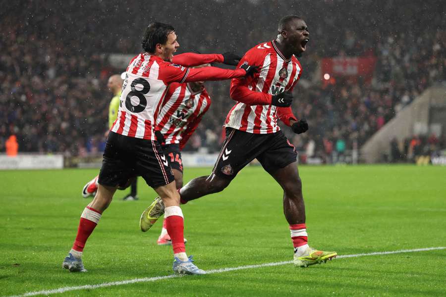 Brian Brobbey celebrates after scoring Sunderland's third goal