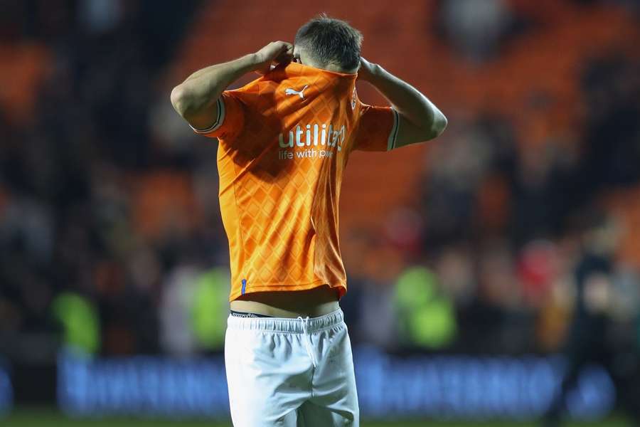 Jerry Yates reacts after Blackpool were relegated to League One