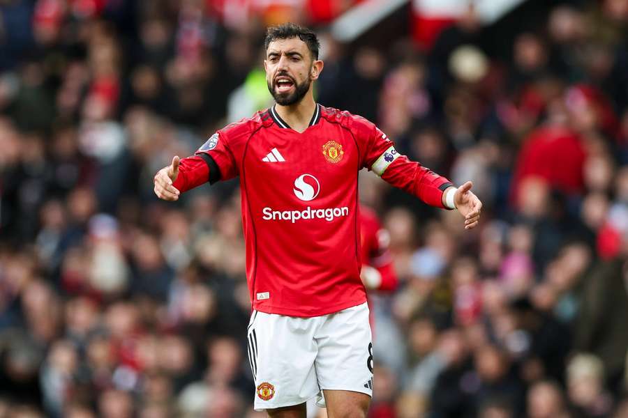 Bruno Fernandes gestures during the Manchester United v Sunderland match