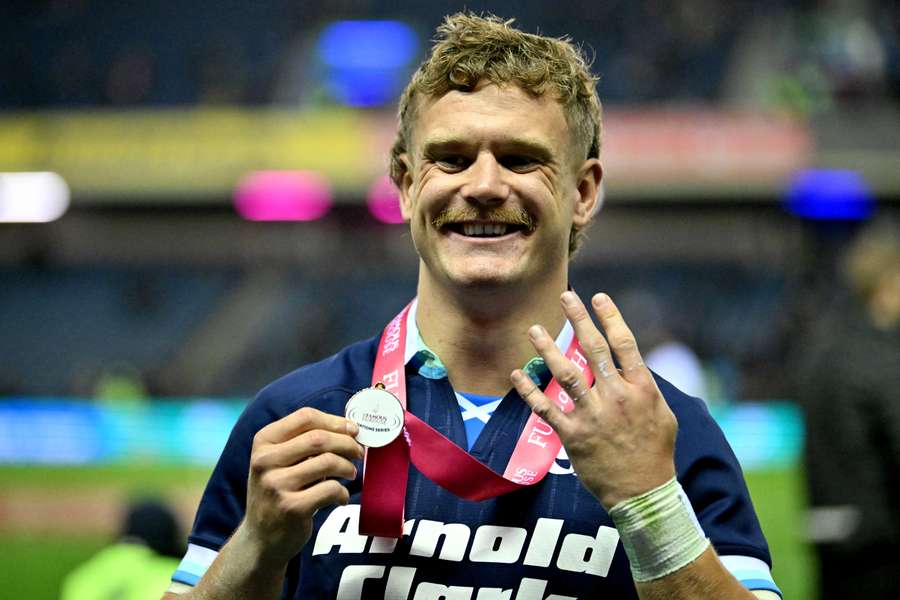 Darcy Graham celebrates with his man of the match medal after Scotland's Autumn Nations Series International win over Fiji 