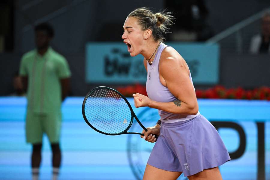 Belarus' Aryna Sabalenka celebrates winning a point against Ukraine's Elina Svitolina