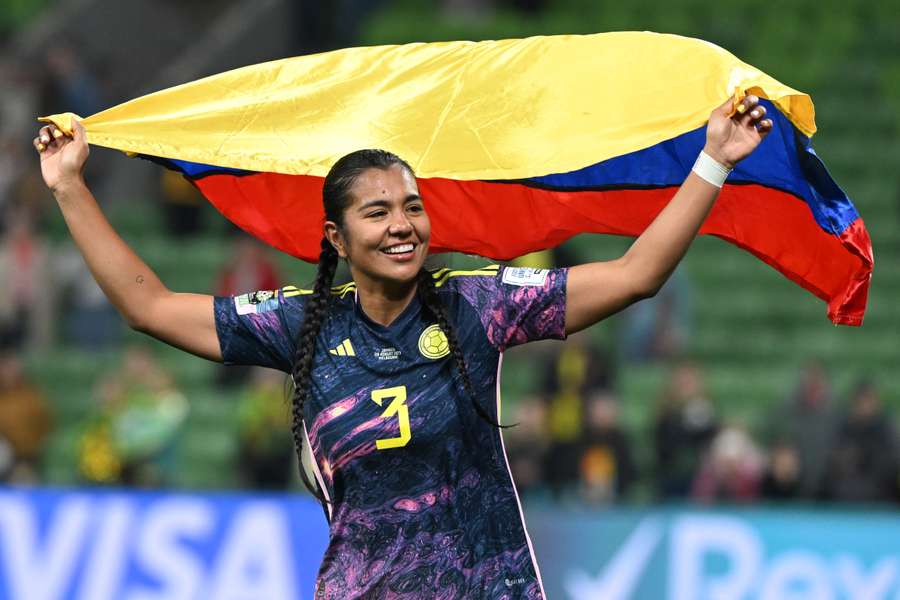 Colombia's defender #03 Daniela Arias celebrates at the end of the match between Jamaica and Colombia 