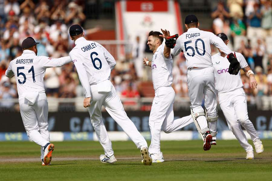 James Anderson celebrates after clean bowling Dean Elgar