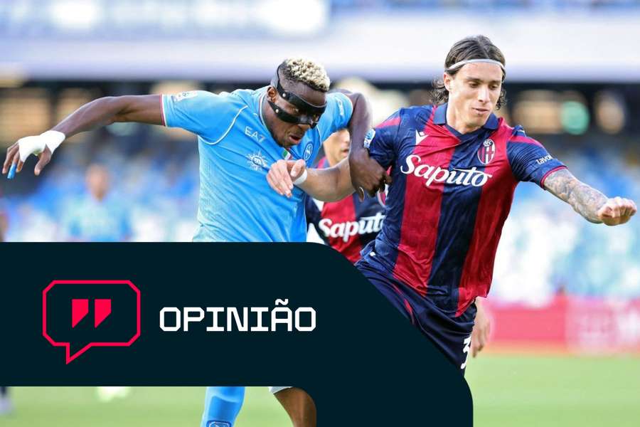Calafiori contra Osimhen num confronto entre Nápoles e Bolonha em 2024
