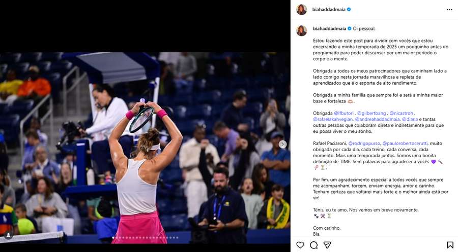 Publicação de Bia Haddad no Instagram Publicação de Bia Haddad no Instagram