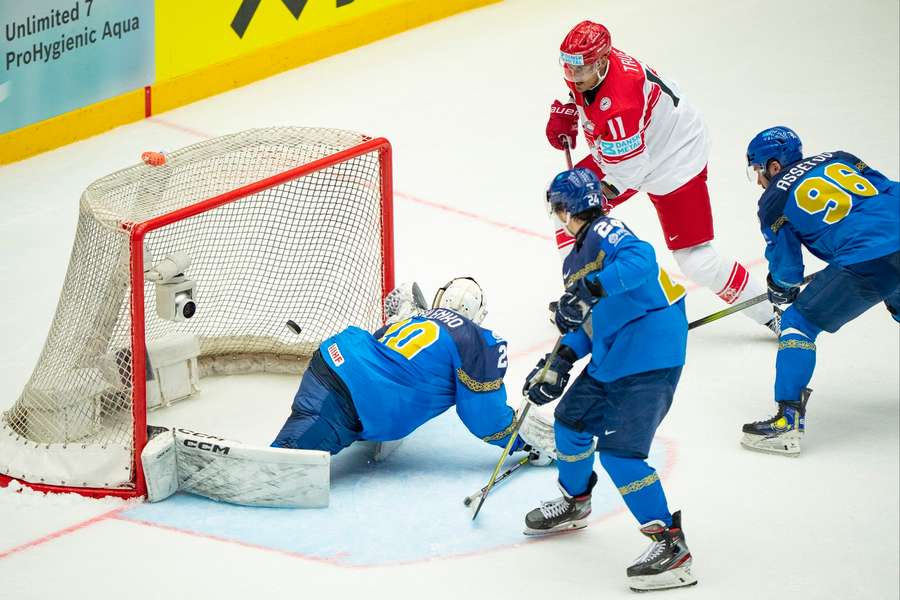 Alexander True, Denmark scores to 2-0 in action with goalkeeper Maxim Pavlenko, Kazakhstan, Dmitriy Breus and Alikhan Assetov