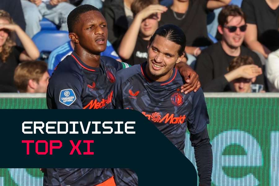 Feyenoord's Anis Hadj Moussa (R) celebrates scoring against PEC Zwolle with Givairo Read