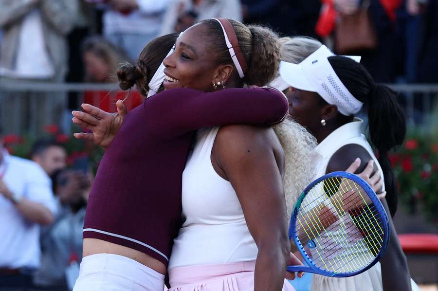 Serena Williams and Victoria Mboko embrace Nicole Melichar-Martinez and Erin Routliffe after winning their match Serena Williams and Victoria Mboko embrace Nicole Melichar-Martinez and Erin Routliffe after winning their match